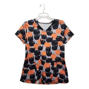 Halloween Scrub Top Sz Small Black Cats Pumpkins Vet Nurse Medical